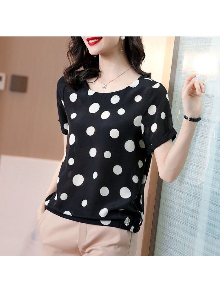 Silk short sleeve T-shirt  summer new French minority retro wave point casual versatile round neck top women's wear 