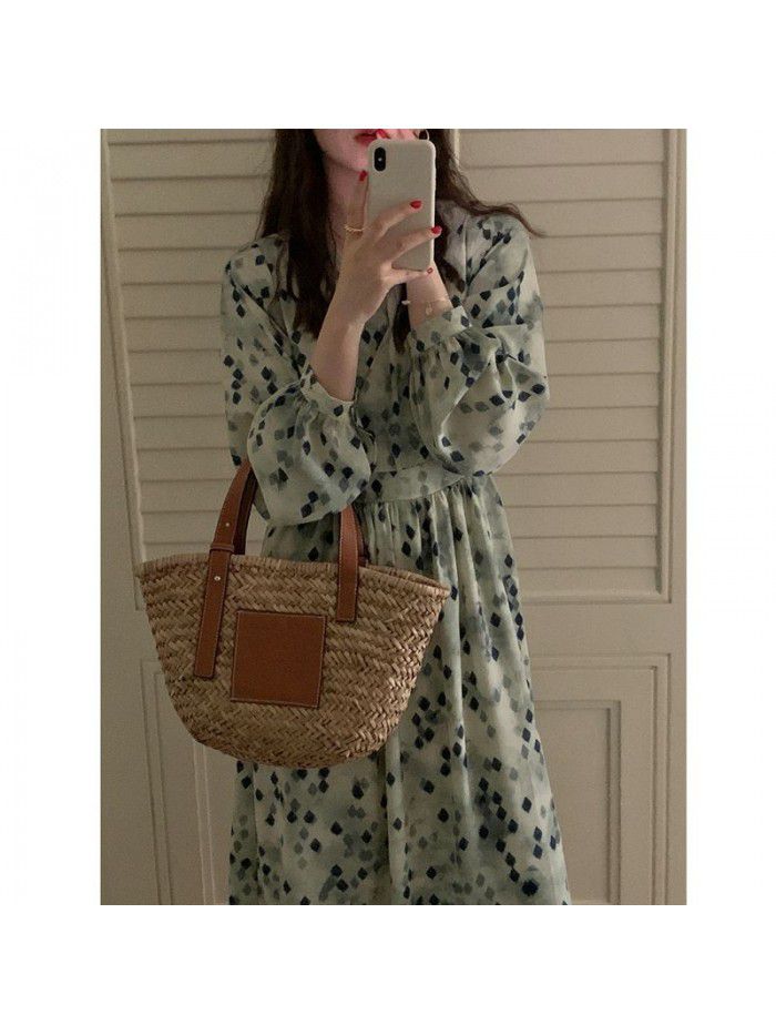 spring fashion commuting high waist slim V-neck floral dress (rhombic / blue) A-line medium length skirt 