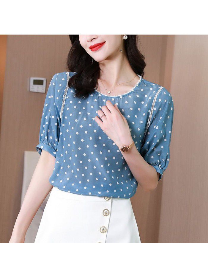 Silk short sleeve shirt  French lace retro wave point spring and summer age reduced blue mulberry silk lantern sleeve top female 
