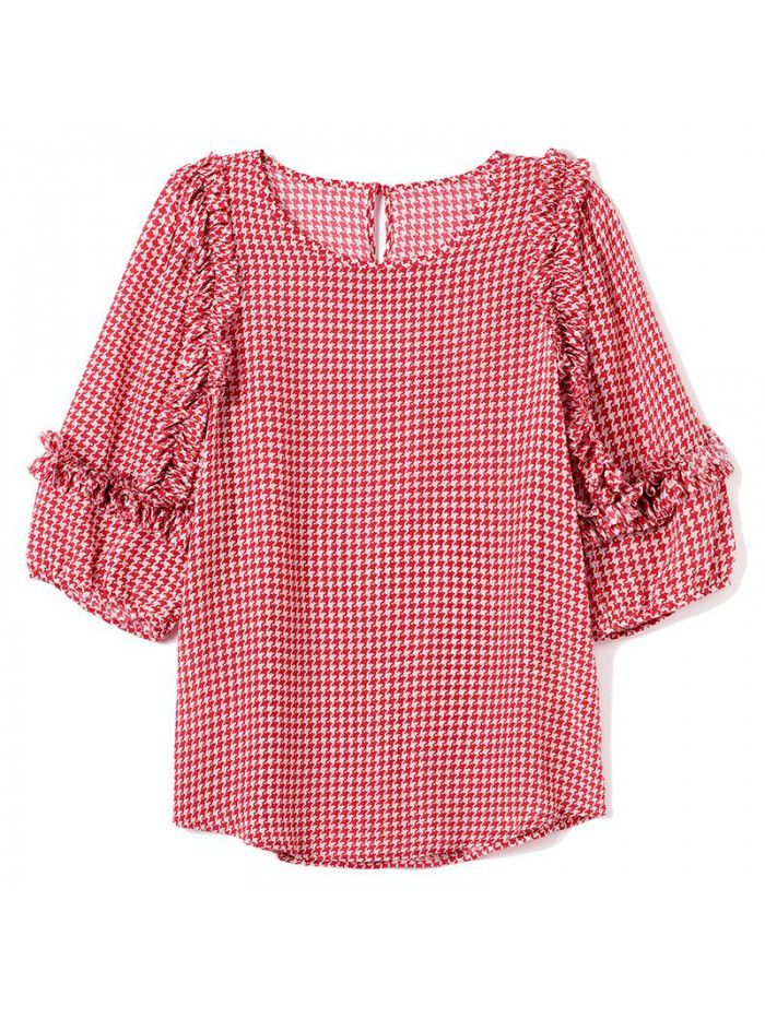 Red Plaid silk shirt women's top  summer new French Quarter Sleeve Silk Shirt women's wear 