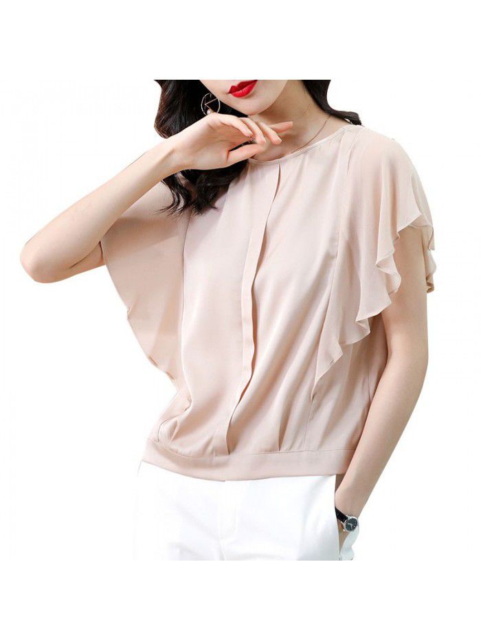 Silk blouse women's foreign style new summer dress  summer women's bat sleeve loose Fashion Top short sleeve fashion 