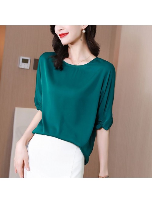 Satin glossy French silk shirt women's short ...