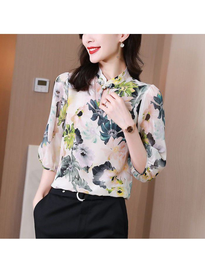 Heavyweight silk shirt mid sleeve  summer new style design sense minority temperament mulberry silk floral top 