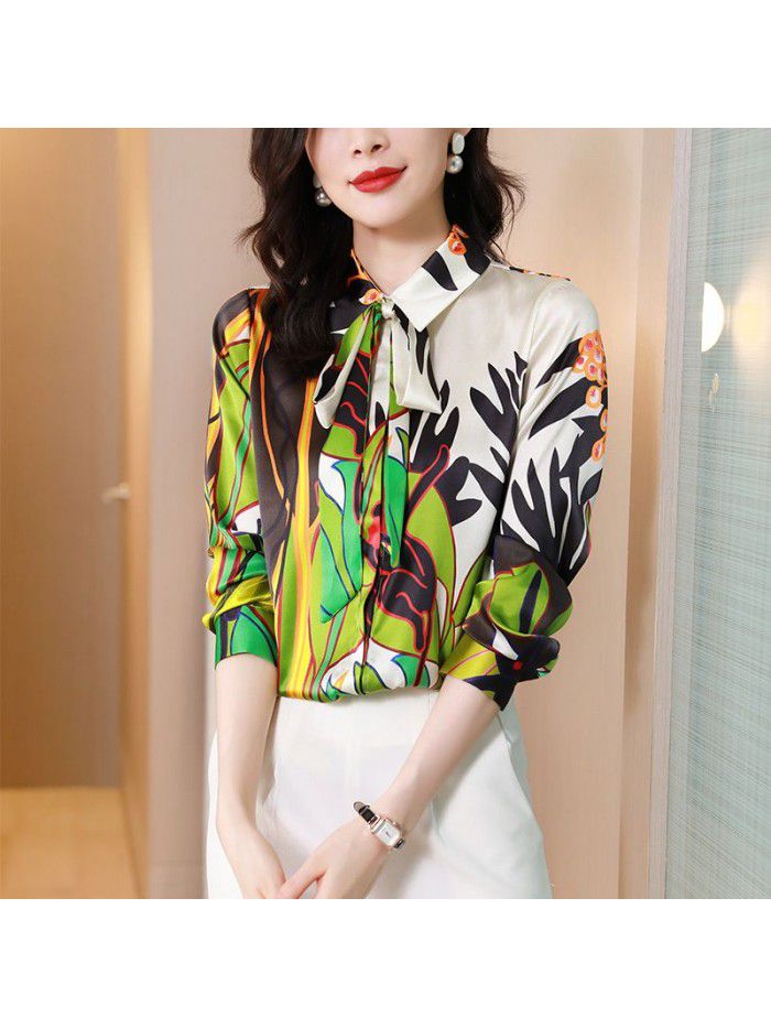 Heavyweight satin silk shirt long sleeve  spring dress new lace up temperament Lapel silk blouse 