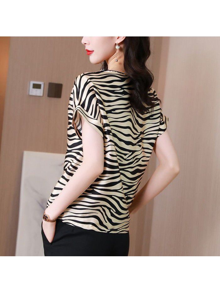 Zebra pattern Short Sleeve Silk T-shirt women's new summer T-shirt loose design minority Stretch Satin shirt light ripe 
