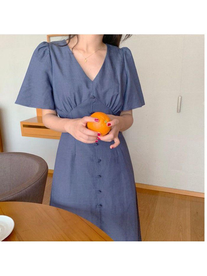 Korean V-neck Platycodon grandiflorum dress with slim waist 