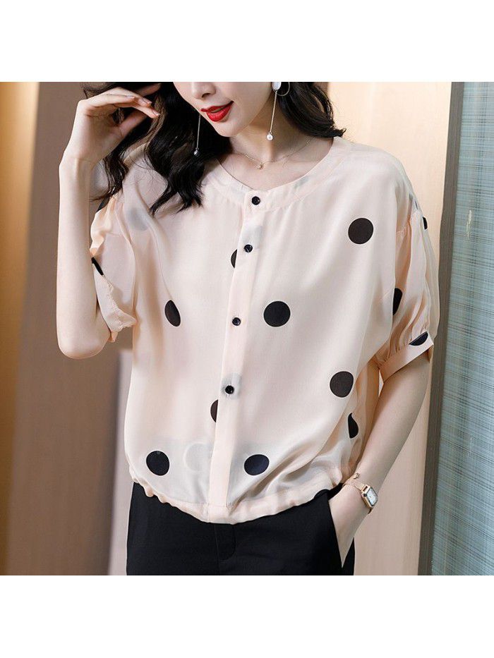 Poldian silk shirt women's European fashion station foreign style small shirt design sense small mulberry silk short sleeve top 