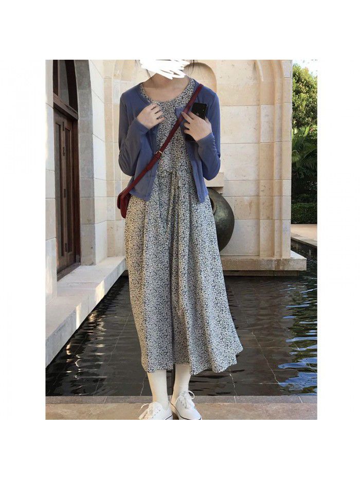 Retro small floral short sleeve dress French small high waist skirt A-line medium length dress  Korean version 