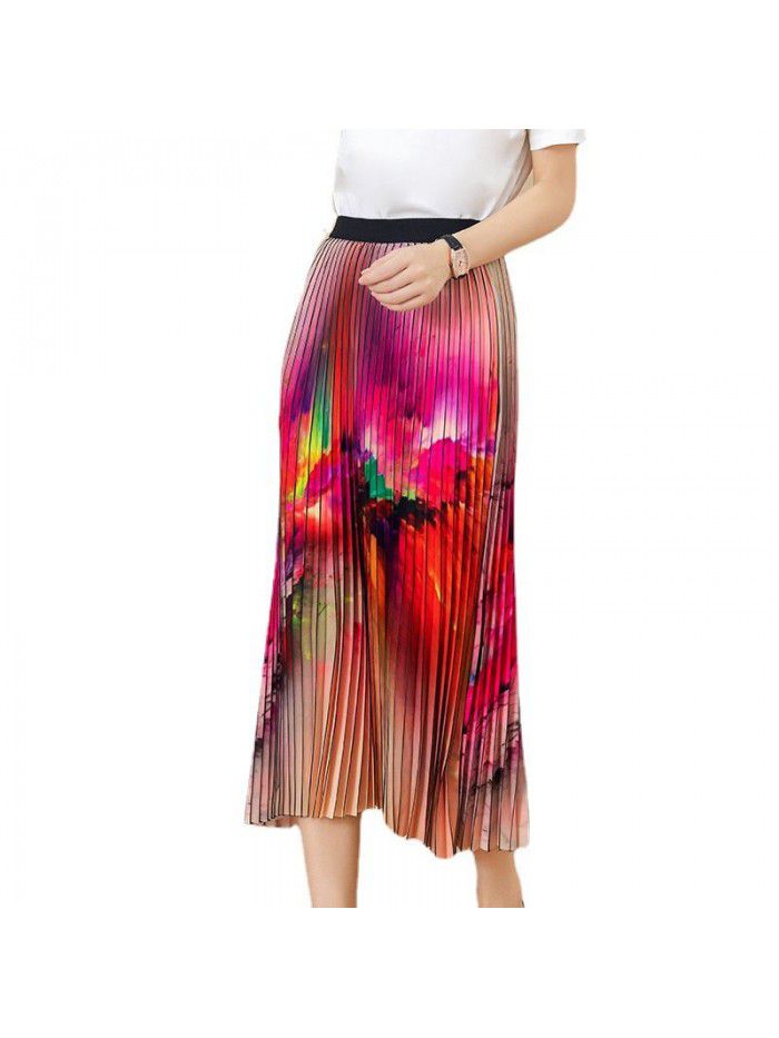 Beach Swing Skirt  summer new abstract pattern high waist drape pleated medium length skirt  Beach Swing Skirt  summer new abstract pattern high waist drape pleated medium length skirt
