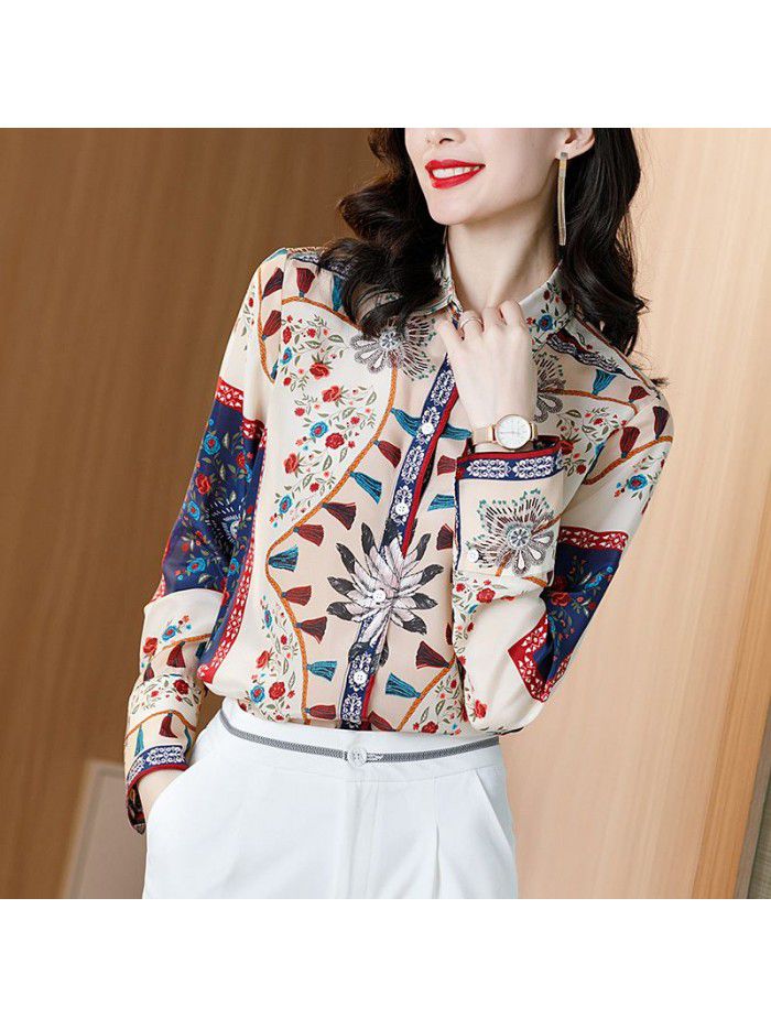 Silk shirt spring dress women's  new temperament versatile Lapel retro printed long sleeve shirt silk women's dress 