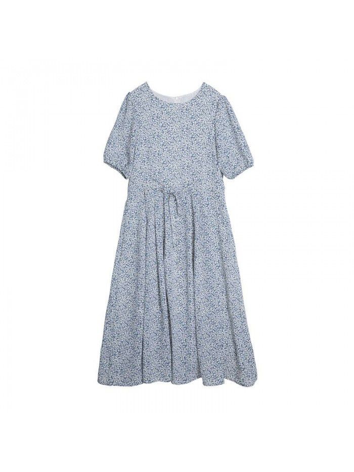 Retro small floral short sleeve dress French small high waist skirt A-line medium length dress  Korean version 
