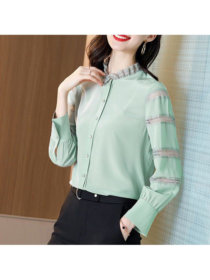 spring new style foreign style top minority lace split sleeve stand collar splicing silk shirt female mulberry silk shirt 