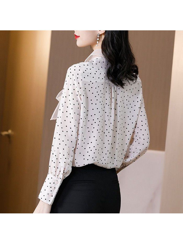Women's design sense of silk shirt niche spring and summer  new wave dot long sleeve top nailed with pearl mulberry silk 