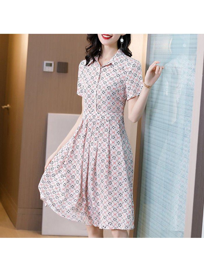 Mulberry silk skirt  spring and summer new short sleeve Lapel Plaid waist slim silk dress girl 