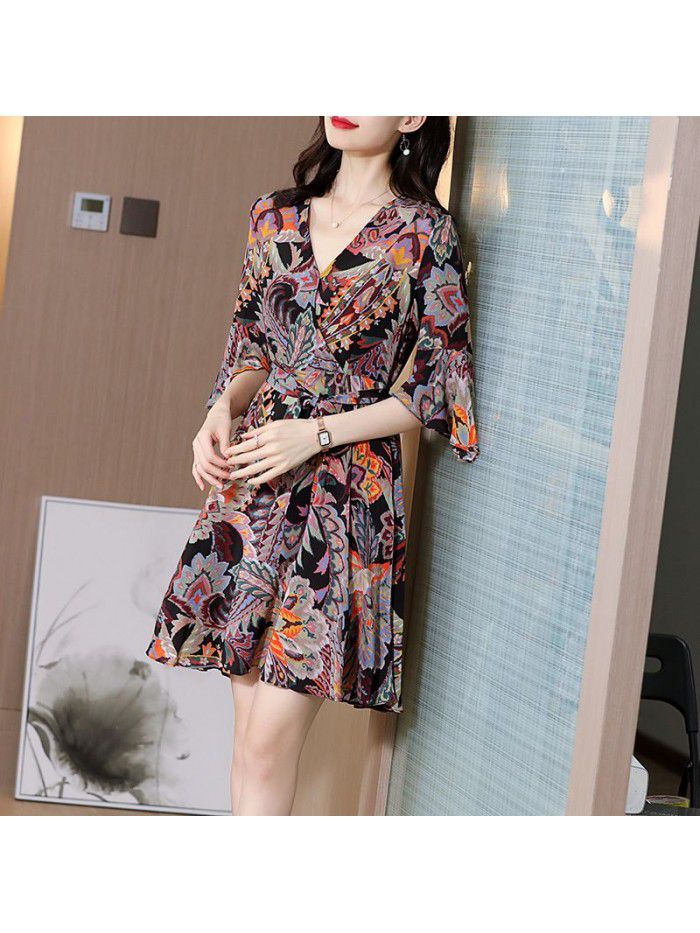 Silk print dress women's  summer new elegant temperament mulberry silk medium length waist A-line skirt 