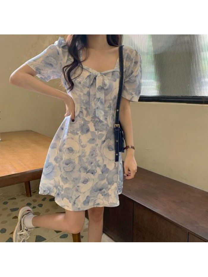 Retro oil painting dress women's  summer dress new French style waist down with thin temperament 