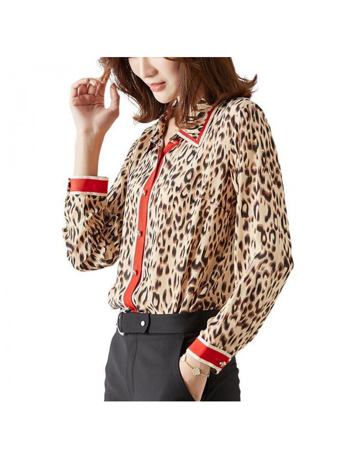 spring new heavy silk shirt women's long sleeve fashion Leopard Print Shirt shows thin temperament mulberry silk top 