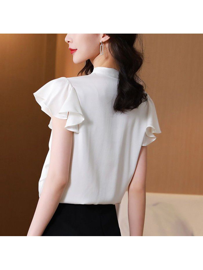White silk shirt women's summer dress  new lady temperament loose Ruffle short sleeve mulberry silk shirt 