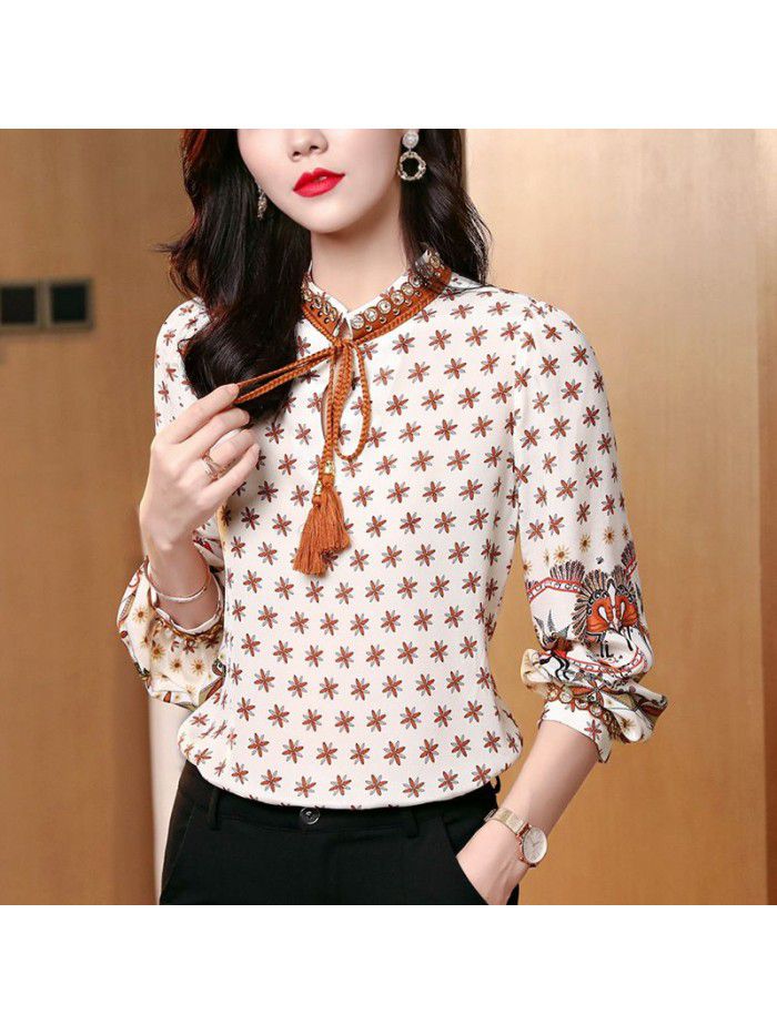 Silk shirt women's spring and summer  new printing small stand collar palace style mulberry silk top design 