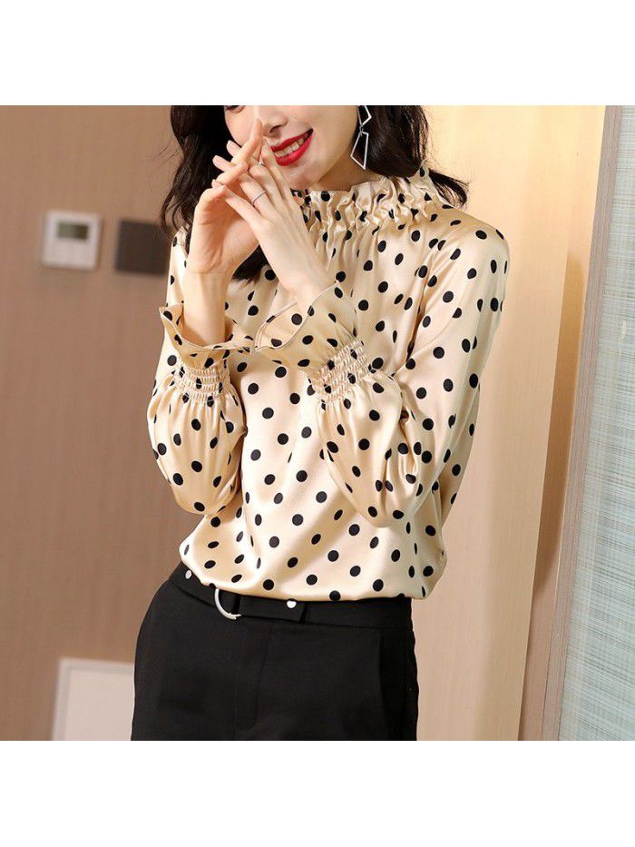 Polka dot printed satin silk shirt women's long sleeve  new spring wear lotus collar loose mulberry silk top 