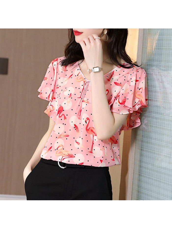 Silk blouse female mulberry silk short sleeve  spring new loose style V-neck Ruffle Shirt Top 