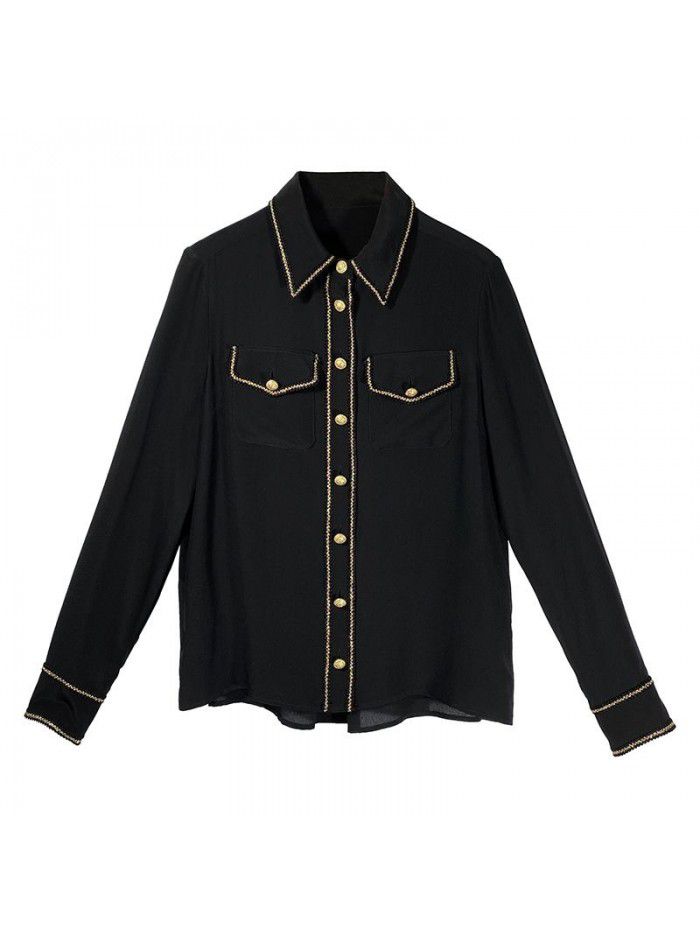Heavyweight silk shirt long sleeve  spring New Black Slim Fit foreign style drop feeling mulberry silk top 