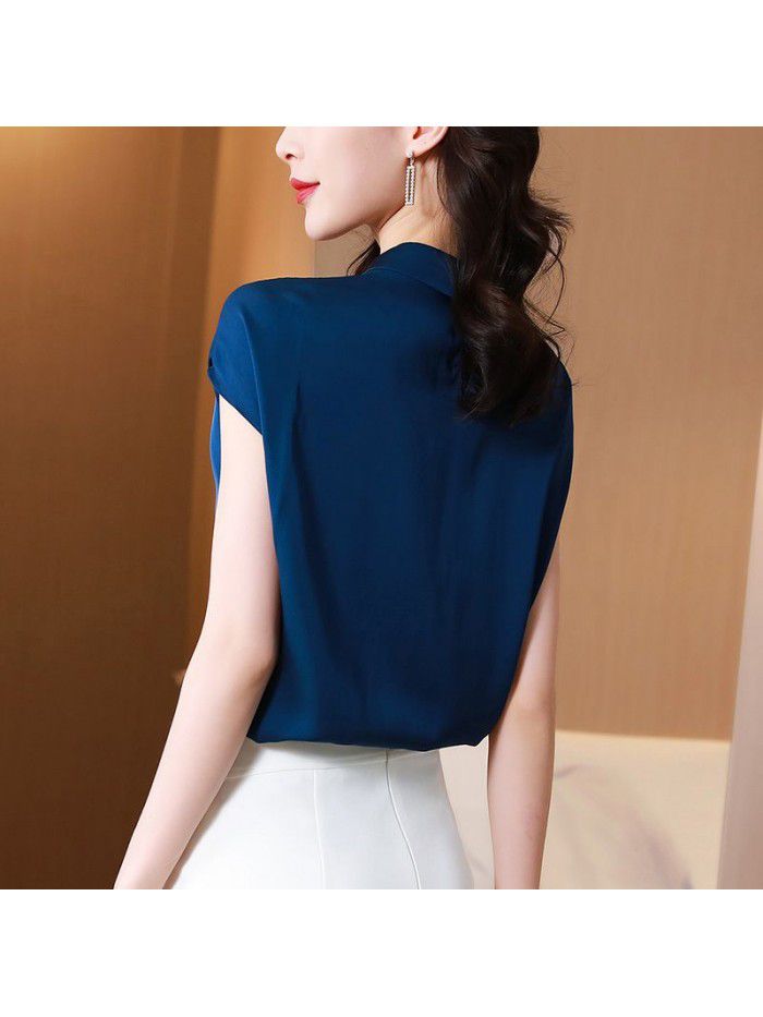 Heavyweight silk shirt women's  summer new fashion doll collar xiaozhongkuan pine mulberry silk design top 