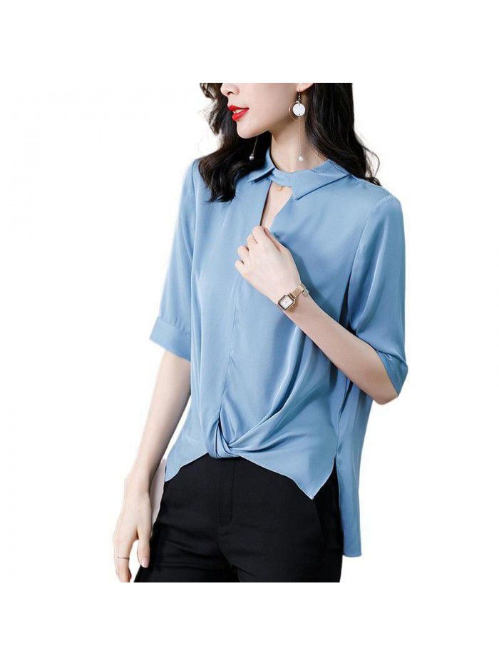 Heavyweight silk shirt women's middle sleeve design small crowd hollow collar  summer new mulberry silk half sleeve top 