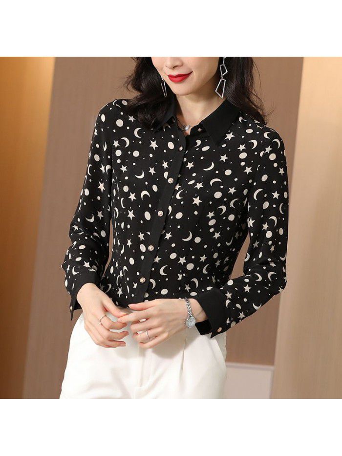 Black silk shirt women's long sleeve  spring and summer new fashion foreign style top loose and versatile polo collar shirt 