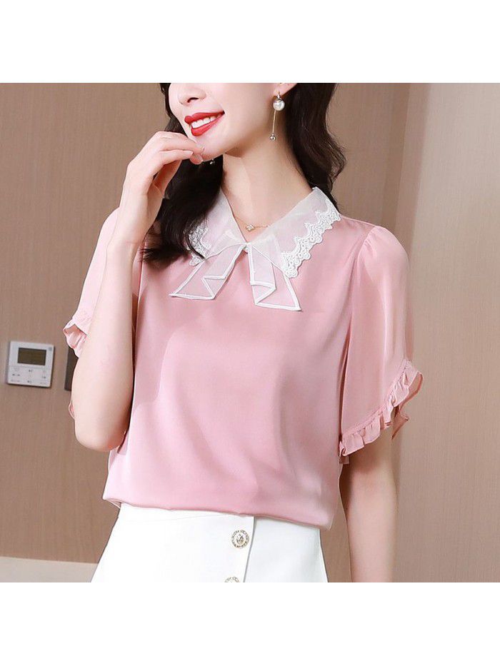 Heavy industry embroidery baby collar Short Sleeve Silk Shirt women's new slim and versatile mulberry silk top in  summer 