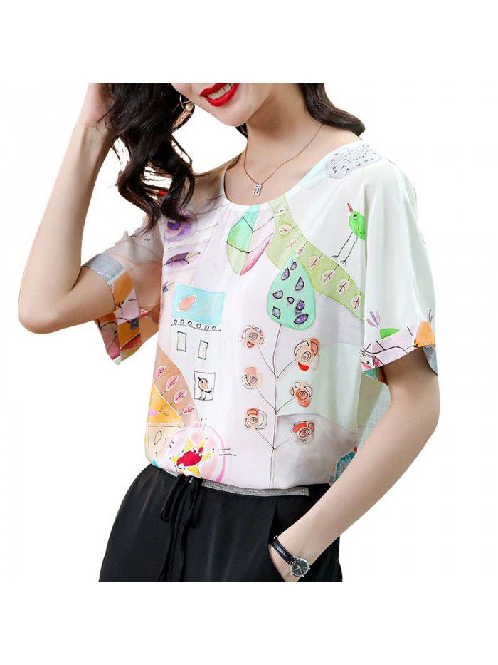 European station  summer new women's wear silk short sleeve T-shirt European silk printed thin top women's fashion 