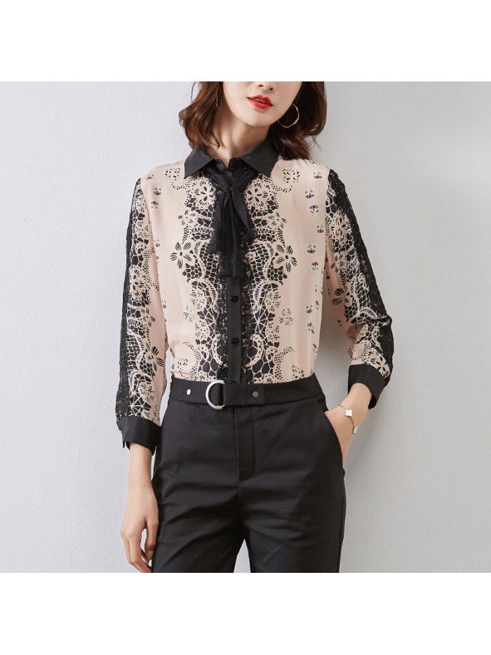 Silk shirt women's  spring new style temperament slim lace embroidery silk French blouse women's wear 