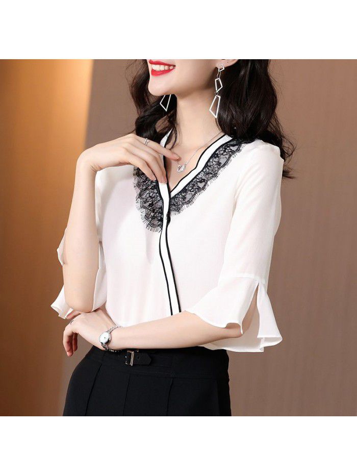 Real silk shirt women  summer new lace design small foreign style short sleeve silk shirt women 
