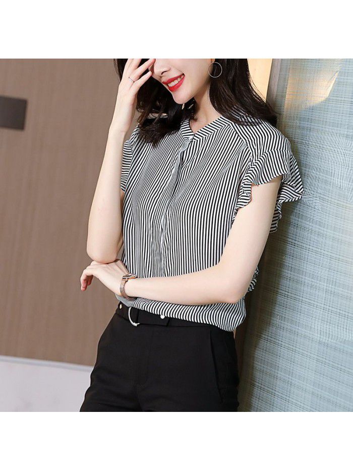 Silk shirt women's  summer new commuter stripe short sleeve design sense minority temperament stand collar versatile top 