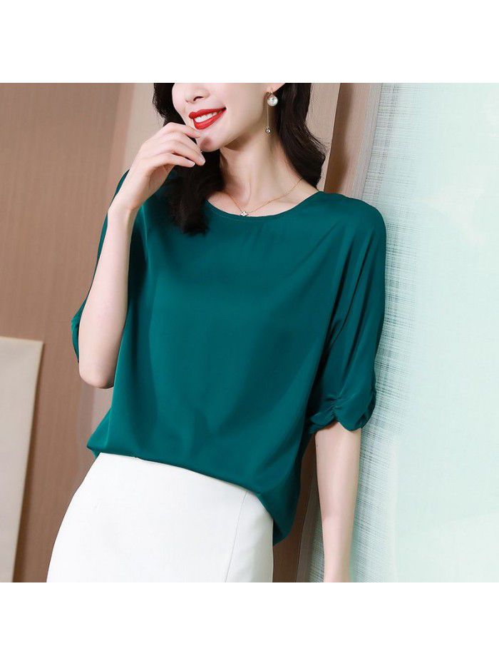 Satin glossy French silk shirt women's short sleeve round neck silk blouse 