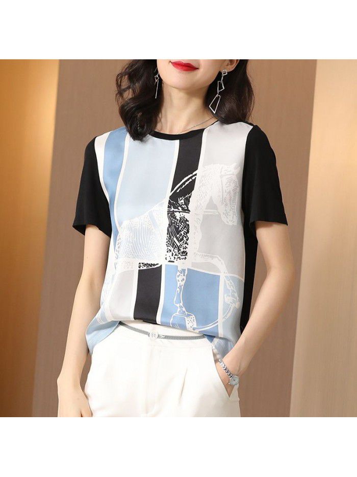 Silk silk short sleeve t-shirt female modal T-shirt  summer new printing fashion loose top 