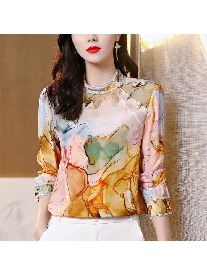 Heavy silk shirt women's  new spring fashion loose coil button printing drape long sleeve mulberry silk top 