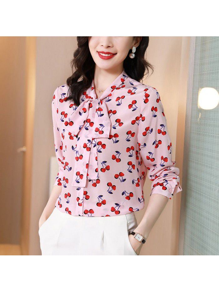 Pink silk shirt women's  spring fashion new cherry Print Long Sleeve mulberry silk top women's wear 