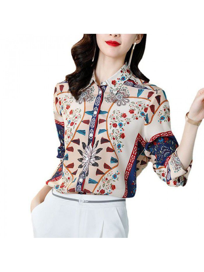 Silk shirt spring dress women's  new temperament versatile Lapel retro printed long sleeve shirt silk women's dress 