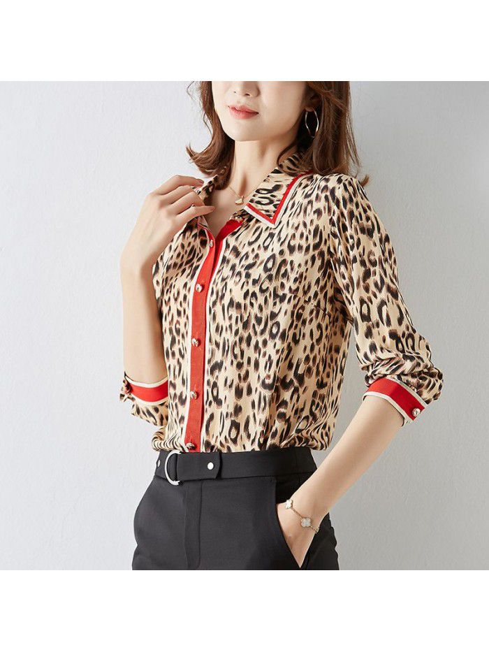 spring new heavy silk shirt women's long sleeve fashion Leopard Print Shirt shows thin temperament mulberry silk top 