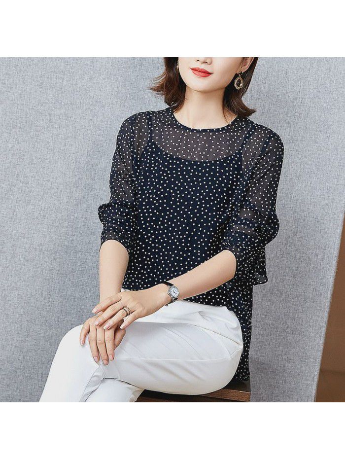 Silk shirt women's long sleeve  spring new women's clothing French temperament wave point mulberry silk shirt two piece set 