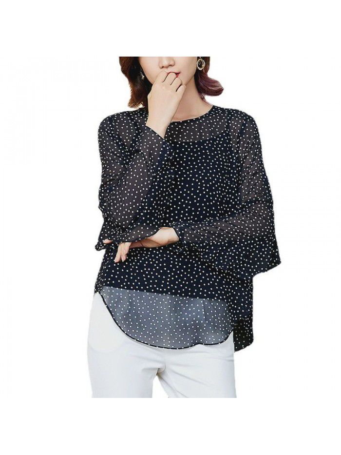 Silk shirt women's long sleeve  spring new women's clothing French temperament wave point mulberry silk shirt two piece set 