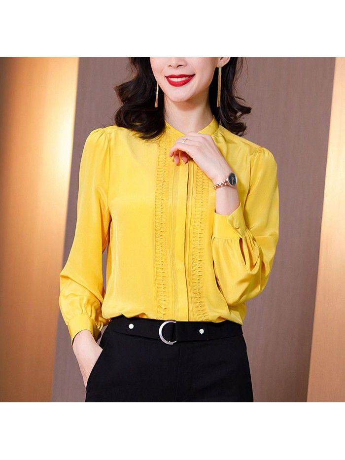 Heavyweight silk shirt women's long sleeve  spring dress new style shirt retro stand collar pure mulberry silk top female 