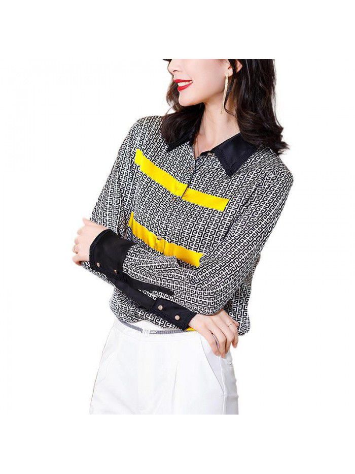 Heavy weight satin silk shirt women's long sleeve  spring new color contrast western style loose top Plaid Shirt 