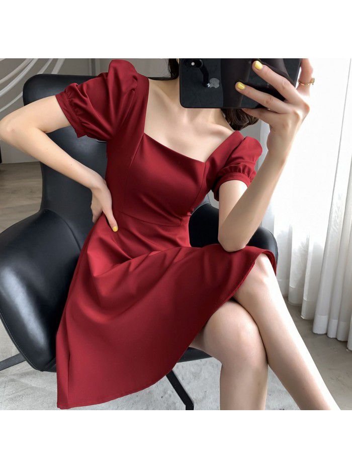 French skirt dress women's  summer dress new temperament square collar over the knee medium long Hepburn style small black dress 