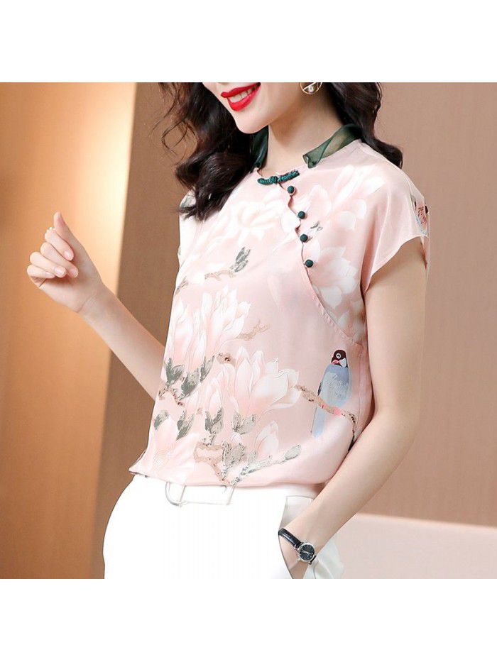 Xianqi silk top women's  summer new retro foreign style slim shirt mulberry silk floral short sleeve shirt 