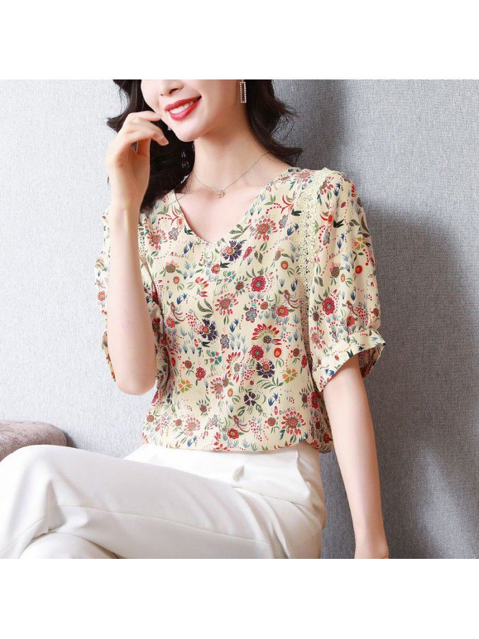 Silk shirt women's Retro French V-neck small floral shirt summer silk top short sleeve design 
