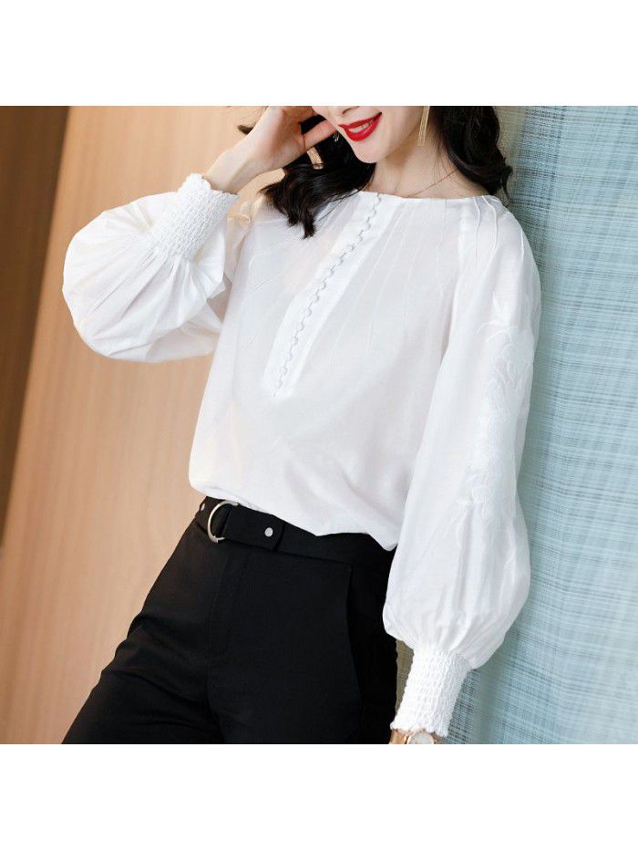 spring new shirt women's design sense minority fashion foreign style shirt temperament retro embroidery silk top 