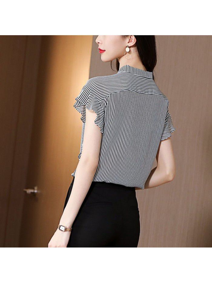 Silk shirt women's  summer new commuter stripe short sleeve design sense minority temperament stand collar versatile top 