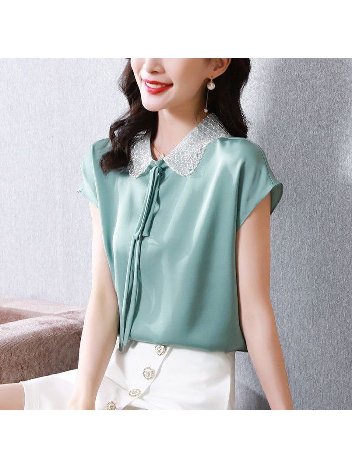 Heavyweight silk shirt advanced short sleeve women's  summer new foreign style loose Satin Silk Top 